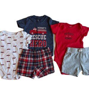 🚒 Baby Boy, Fire Truck Theme, 5 item Bundle 2 bodysuits 2 shorts 1 tee